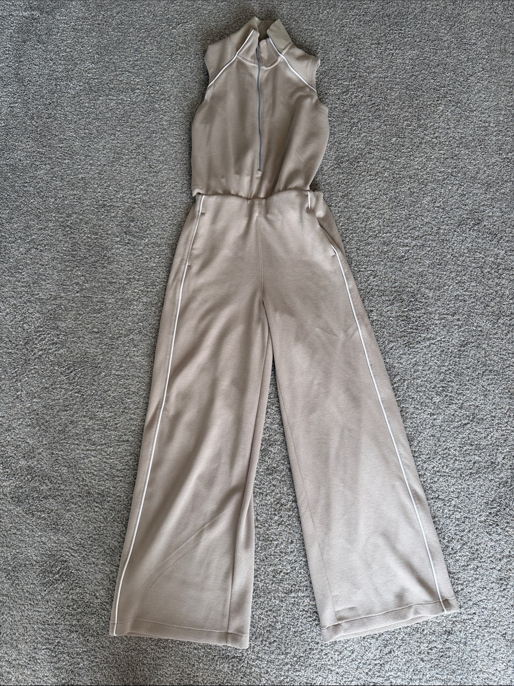 SPANX Sleeveless Wide-Leg Jumpsuit in Taupe with White Piping